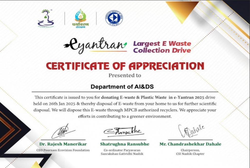 Appreciation Certificate From Poornam Ecovision to AI & DS Department 